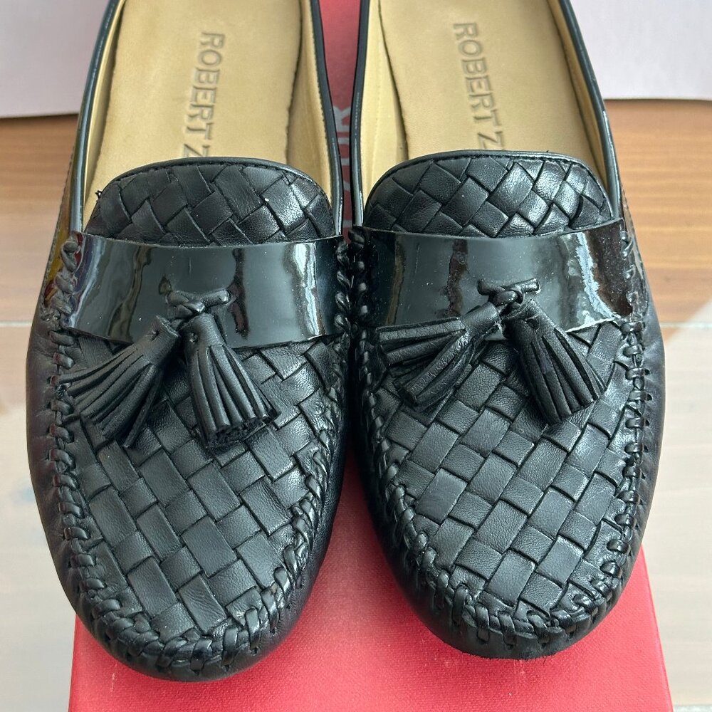 ROBERT ZUR Petra Tassel Loafer Black Patent Woven Leather, made in Italy, 8½ M